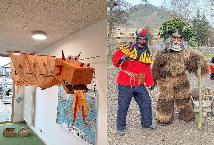 Fasnet in den städtischen Kitas in Waldkirch.
Passend zum Märchen-Zauberwald-Motto schwebt ein Drache durch die Kita Spielinsel (links); der Feuerteufel und der Wilde Mann waren unter anderem zu Besuch im Naturkindergarten.

Foto: Stadt Waldkirch 